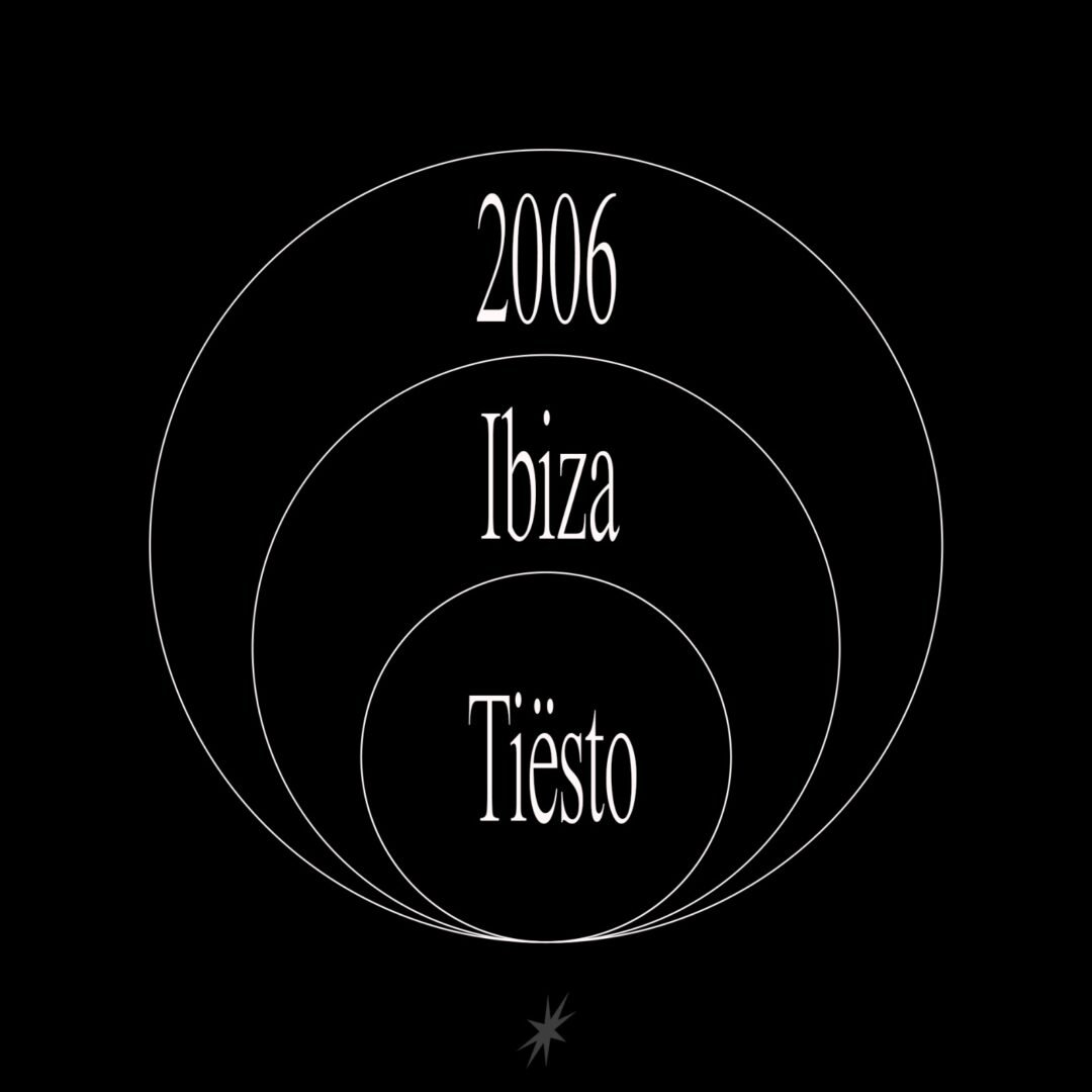 Concentric white ovals on a black background with text: "2006" in the largest, "Ibiza" in the middle, and "Tiësto" in the smallest. Fritto Fm star shape is below