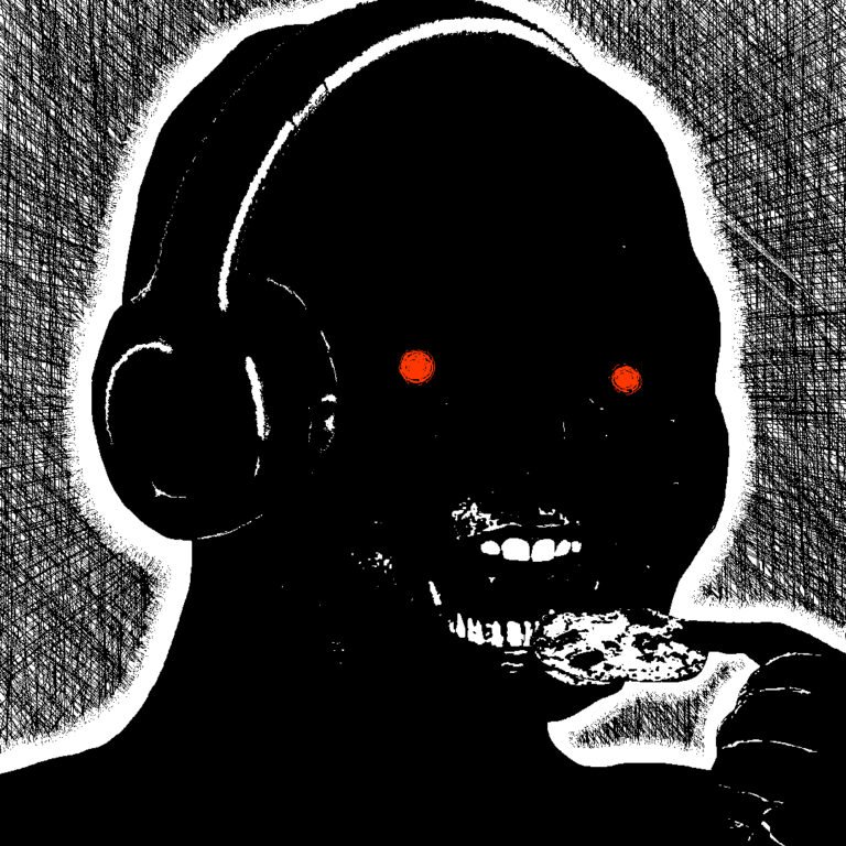Monster wojak with headphones eats cookies