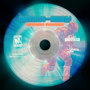 Reflective CD with blue-turquoise gradient. Title "UNIVERSO core MANIA 4" at the top, "MODERN BOMBER" in bold below. ESRB rating M on the left, "PC/DVD ROM" and "DubstepKing® SIUUU" at the bottom. A Call of Duty Modern Warfare character is illustrated on the right, with "Club UNIVERSO" logo nearby.