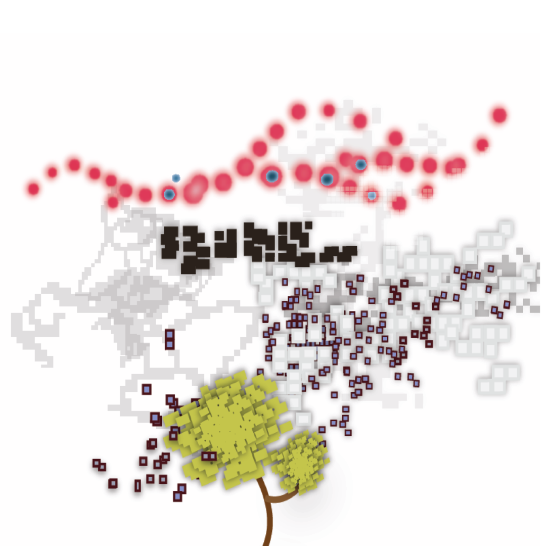 Abstract digital artwork featuring red circular patterns, pixelated grey blocks, and scattered black squares. Bottom left depicts stylized yellow trees.