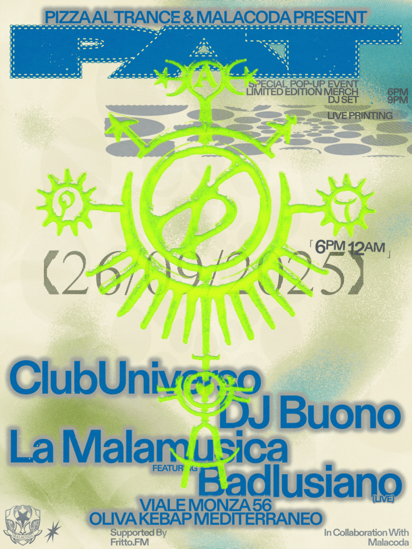 Retro-themed event poster of Pizza Al Trance x Malcoda with vibrant green and blue lettering against a beige background. Features a psychedelic-tribal emblem, bold text for performers, and event details. Energetic and lively vibe