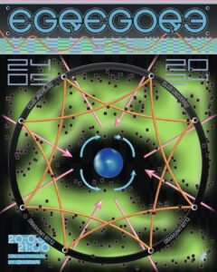 A vibrant digital poster for an event titled EGEEGORE, featuring abstract graphics. The design includes interconnected geometric shapes and arrows in orange and pink, set against a green and black background. A central blue sphere is surrounded by circular movement lines, while pixelated squares add texture. Event details, including date (24.05.2023), time (20:00 - 21:00), and venue (CLUB UNIVERSO), are prominently displayed in a modern font at the bottom. The poster emphasizes a tech-inspired aesthetic with bold colors and dynamic shapes.