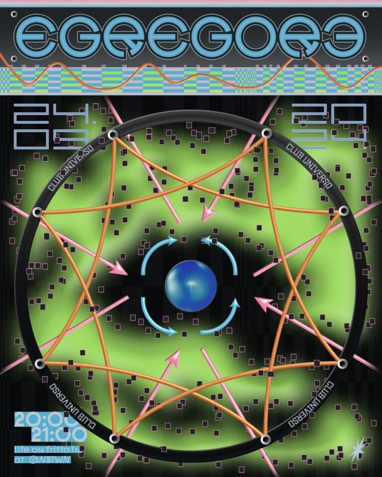 A vibrant digital poster for an event titled EGEEGORE, featuring abstract graphics. The design includes interconnected geometric shapes and arrows in orange and pink, set against a green and black background. A central blue sphere is surrounded by circular movement lines, while pixelated squares add texture. Event details, including date (24.05.2023), time (20:00 - 21:00), and venue (CLUB UNIVERSO), are prominently displayed in a modern font at the bottom. The poster emphasizes a tech-inspired aesthetic with bold colors and dynamic shapes.