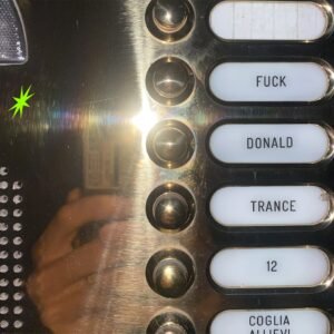 Close-up of a metal intercom panel with five buttons labeled: "FUCK" "DONALD" "TRANCE". A hand holds a camera, reflecting in the surface.