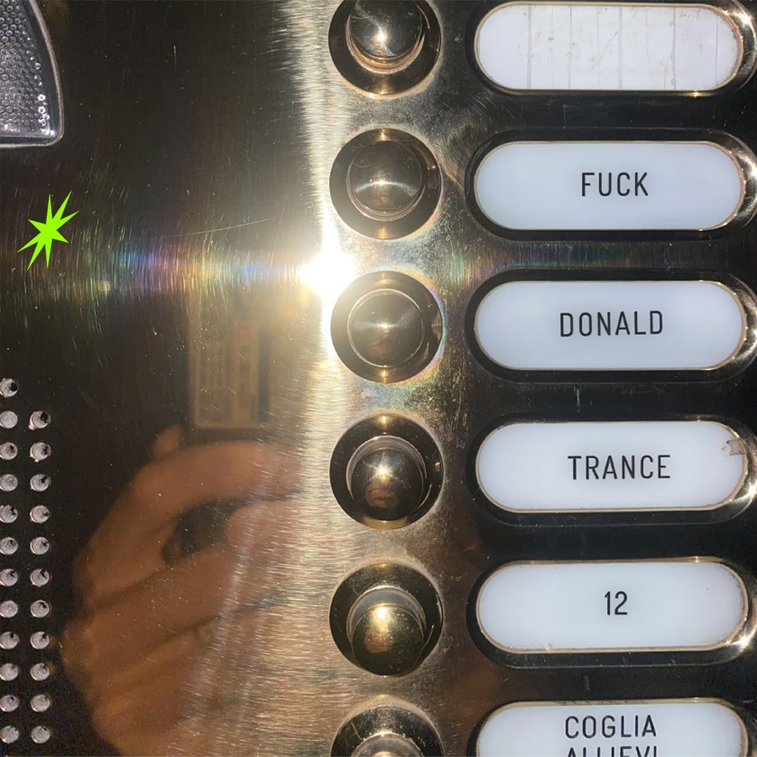Close-up of a metal intercom panel with five buttons labeled: "FUCK" "DONALD" "TRANCE". A hand holds a camera, reflecting in the surface.