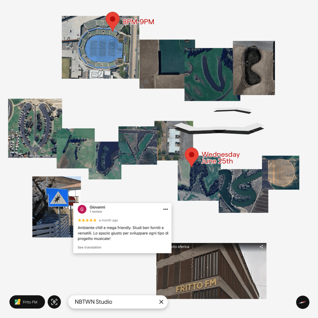 Collage of aerial images spelling "CLUB UNIVERSO", with a sports arena, fields, and paths. Red markers indicate "8PM-9PM" and "Wednesday June 25th." Inviting tone